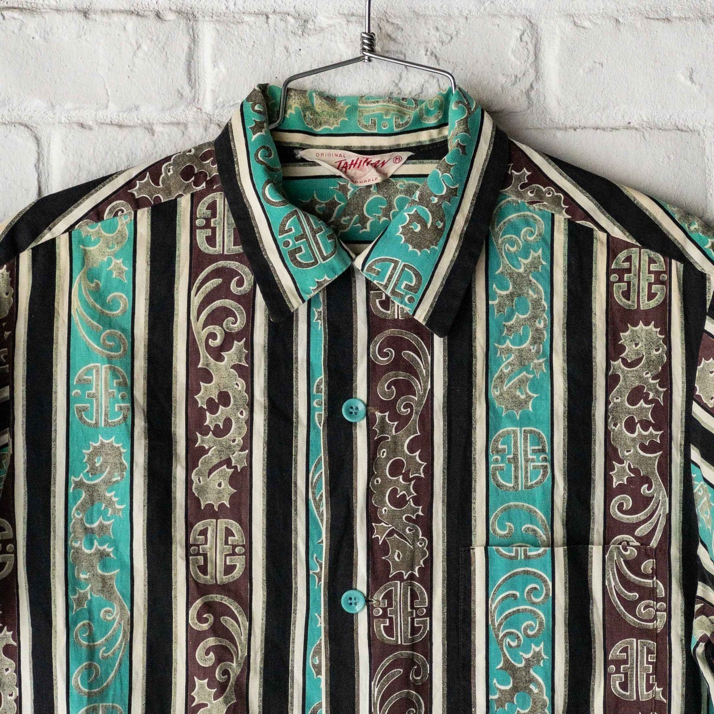 TAHITIAN SHORT SLEEVE SEAHORSE STRIPE PETTERN SHIRTS 40'S VINTAGE