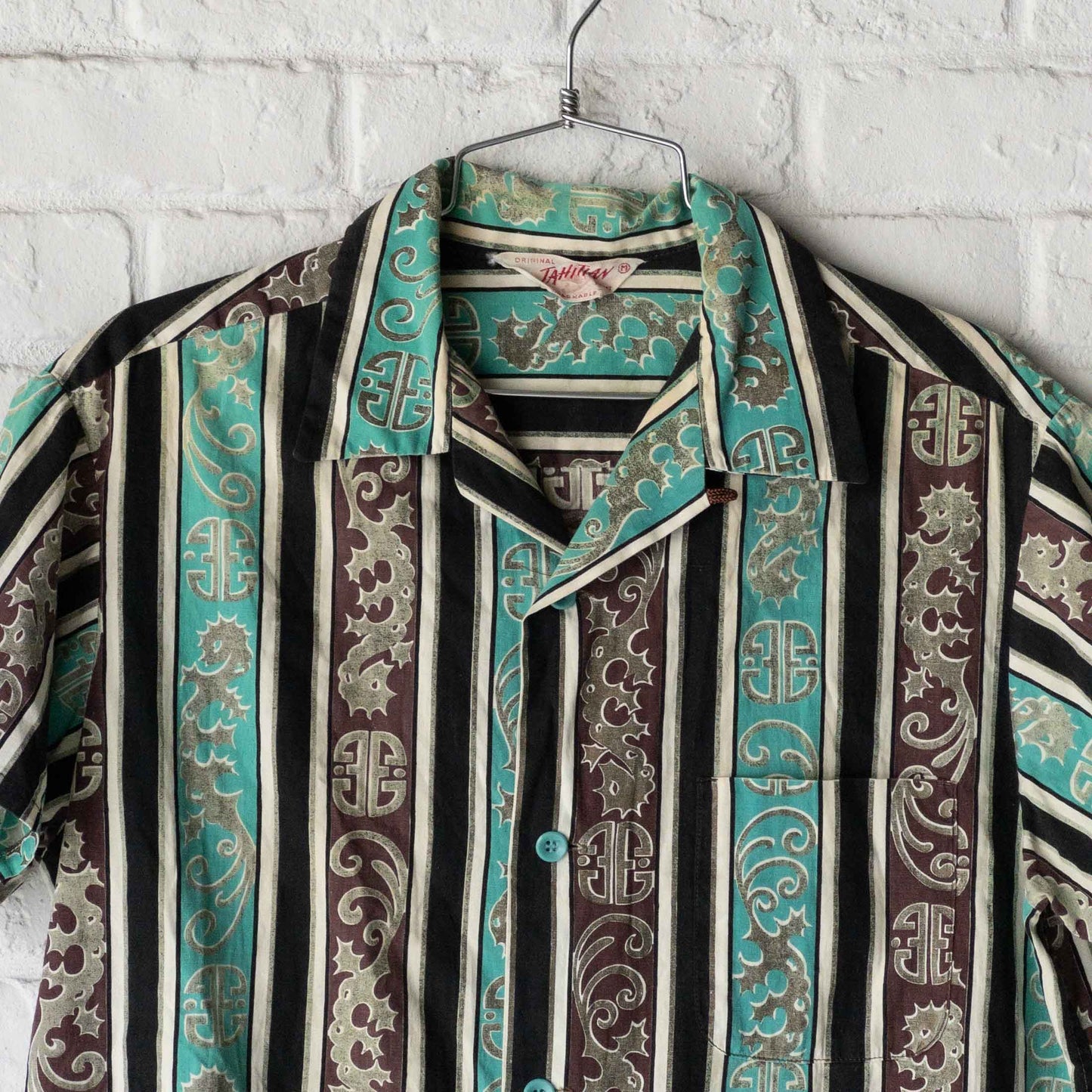 TAHITIAN SHORT SLEEVE SEAHORSE STRIPE PETTERN SHIRTS 40'S VINTAGE