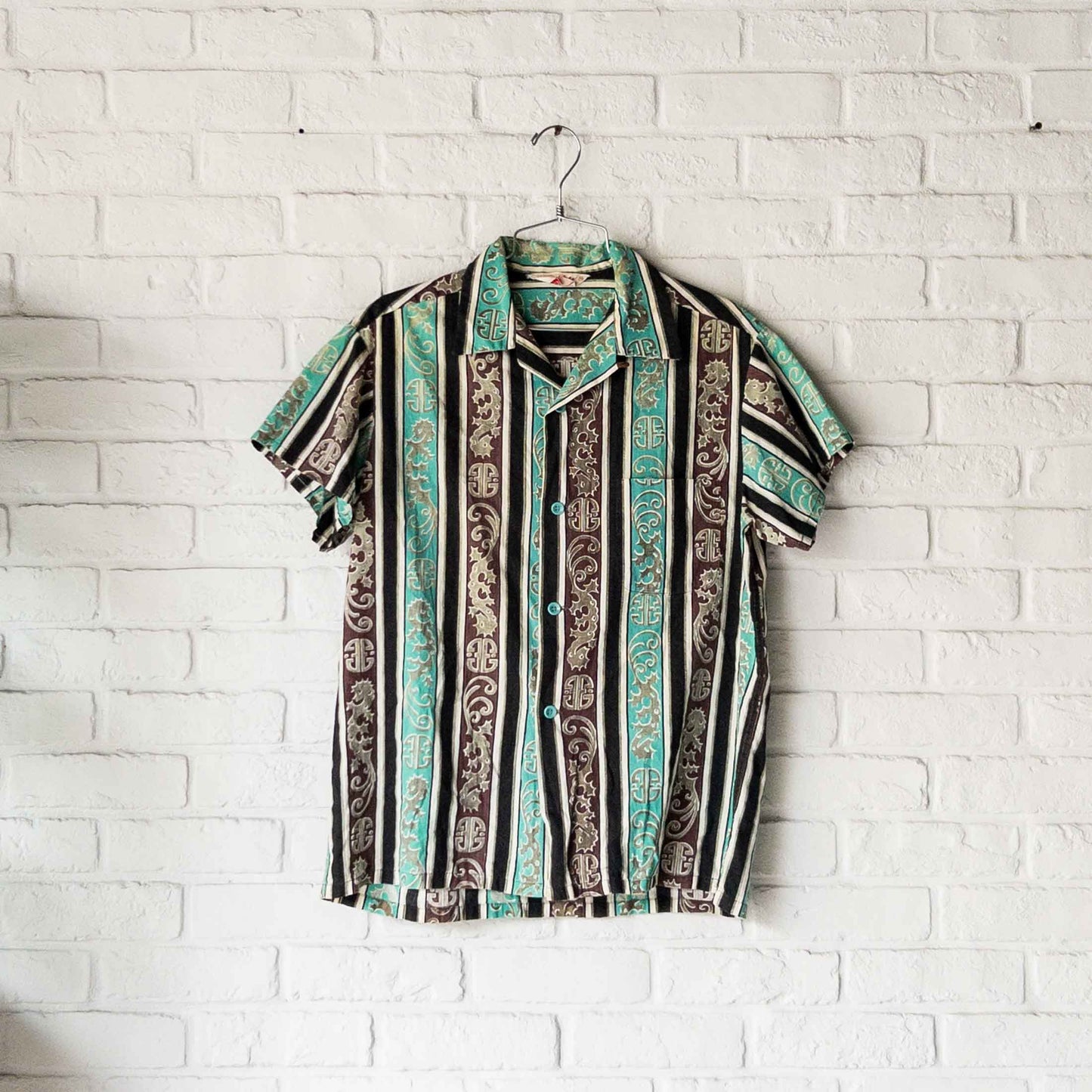 TAHITIAN SHORT SLEEVE SEAHORSE STRIPE PETTERN SHIRTS 40'S VINTAGE