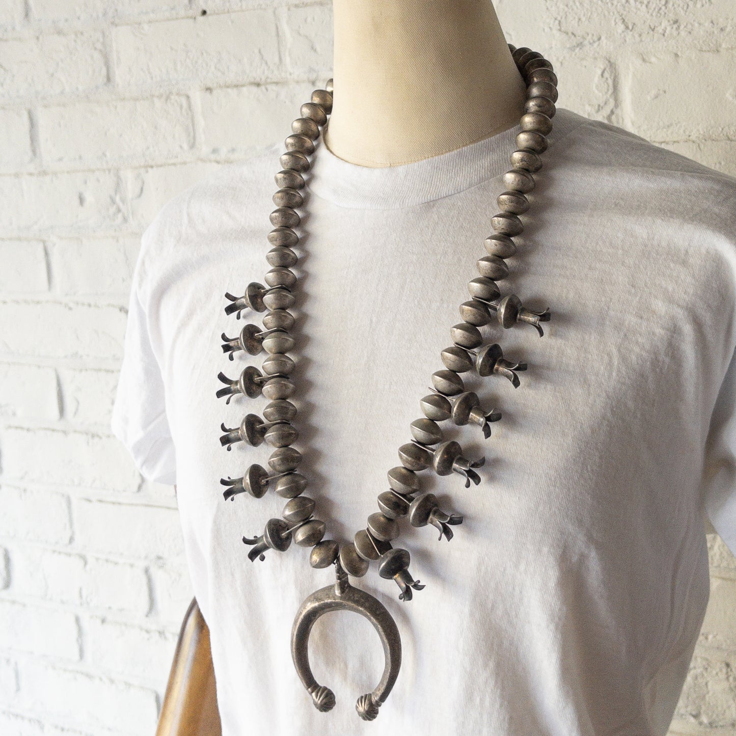NAVAJO SILVER SQUASH BLOSSOM NAJA NECKLACE c.1950