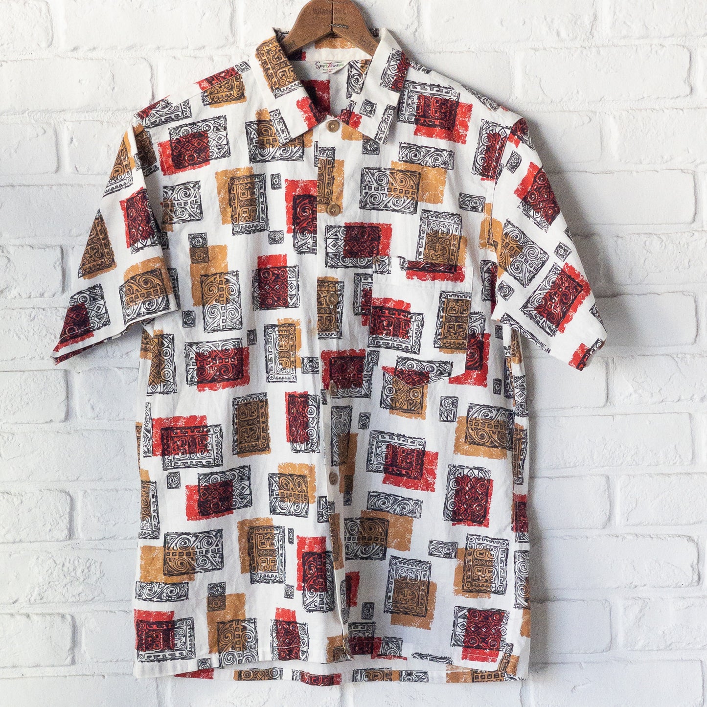 SPORTS WEAR ATOMIC/SQUIGGLE PATTERN PRINT BOX STYLE SHORT SHIRTS 50'S DEAD STOCK