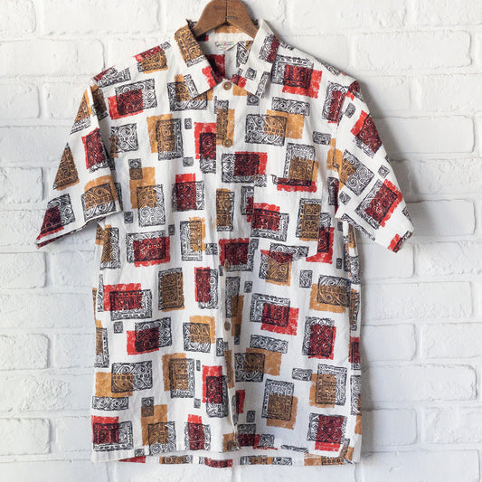 SPORTS WEAR ATOMIC/SQUIGGLE PATTERN PRINT BOX STYLE SHORT SHIRTS 50'S DEAD STOCK