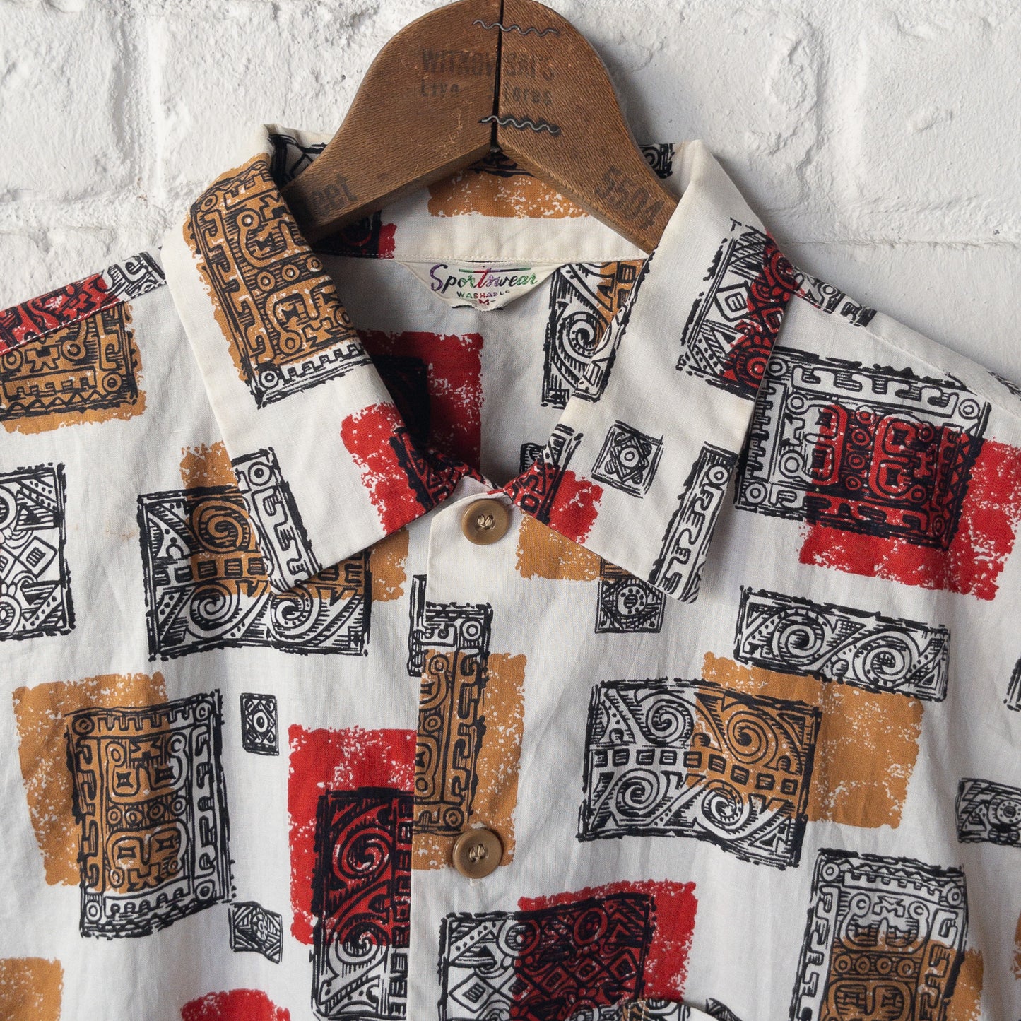 SPORTS WEAR ATOMIC/SQUIGGLE PATTERN PRINT BOX STYLE SHORT SHIRTS 50'S DEAD STOCK