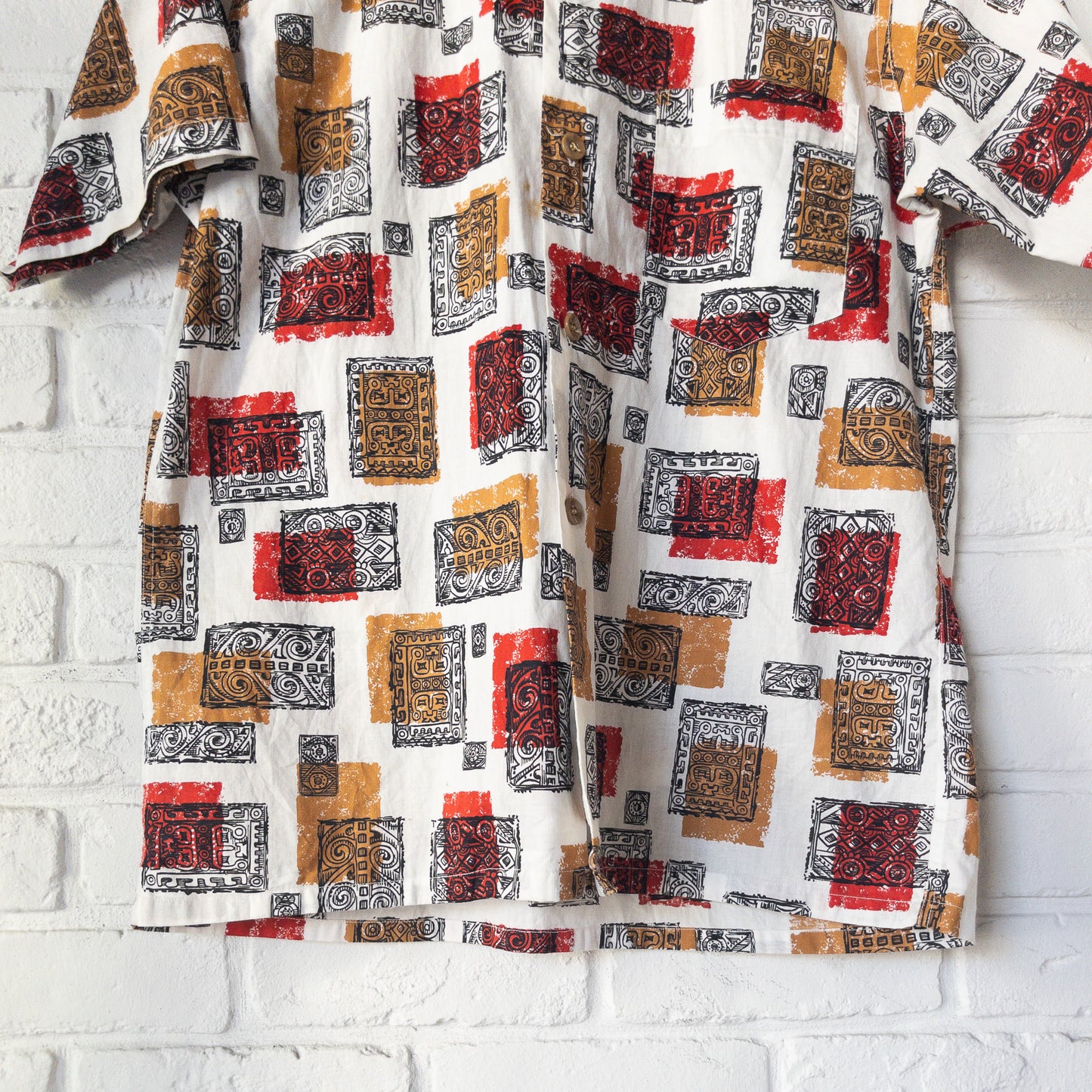 SPORTS WEAR ATOMIC/SQUIGGLE PATTERN PRINT BOX STYLE SHORT SHIRTS 50'S DEAD STOCK