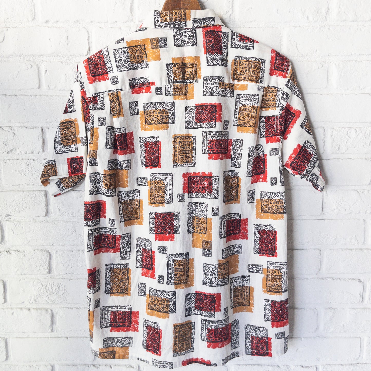 SPORTS WEAR ATOMIC/SQUIGGLE PATTERN PRINT BOX STYLE SHORT SHIRTS 50'S DEAD STOCK