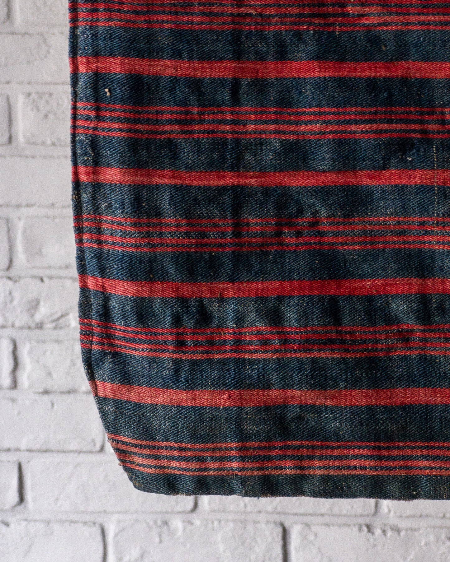 FRENCH INDIGO RUG RED STRIPE 1870'S VINTAGE