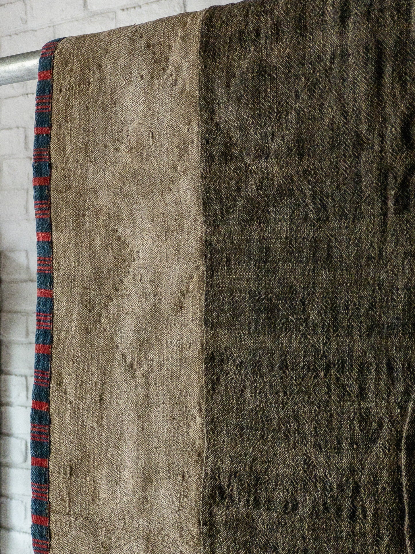FRENCH INDIGO RUG RED STRIPE 1870'S VINTAGE