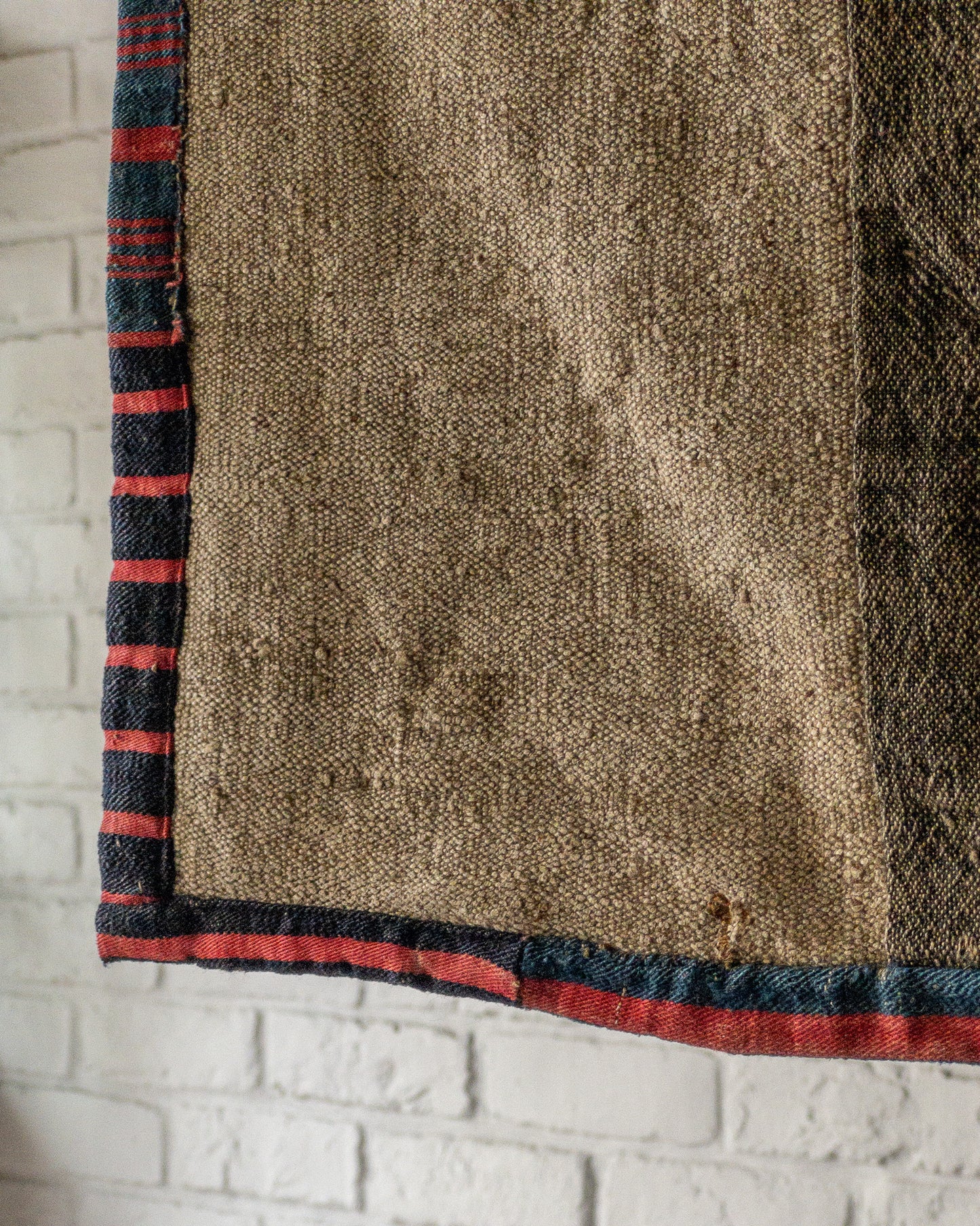 FRENCH INDIGO RUG RED STRIPE 1870'S VINTAGE