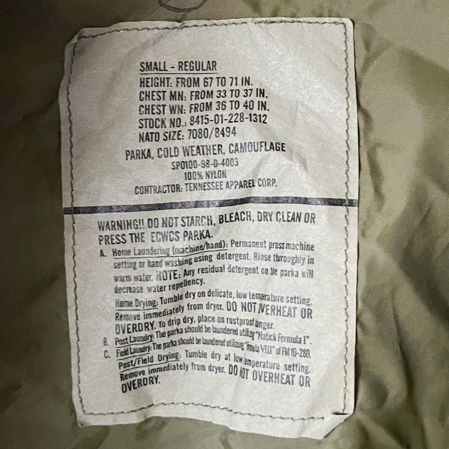US ARMY ECWCS GORE-TEX WOODLAND CAMO PARKA 98'S VINTAGE SMALL-REGULAR