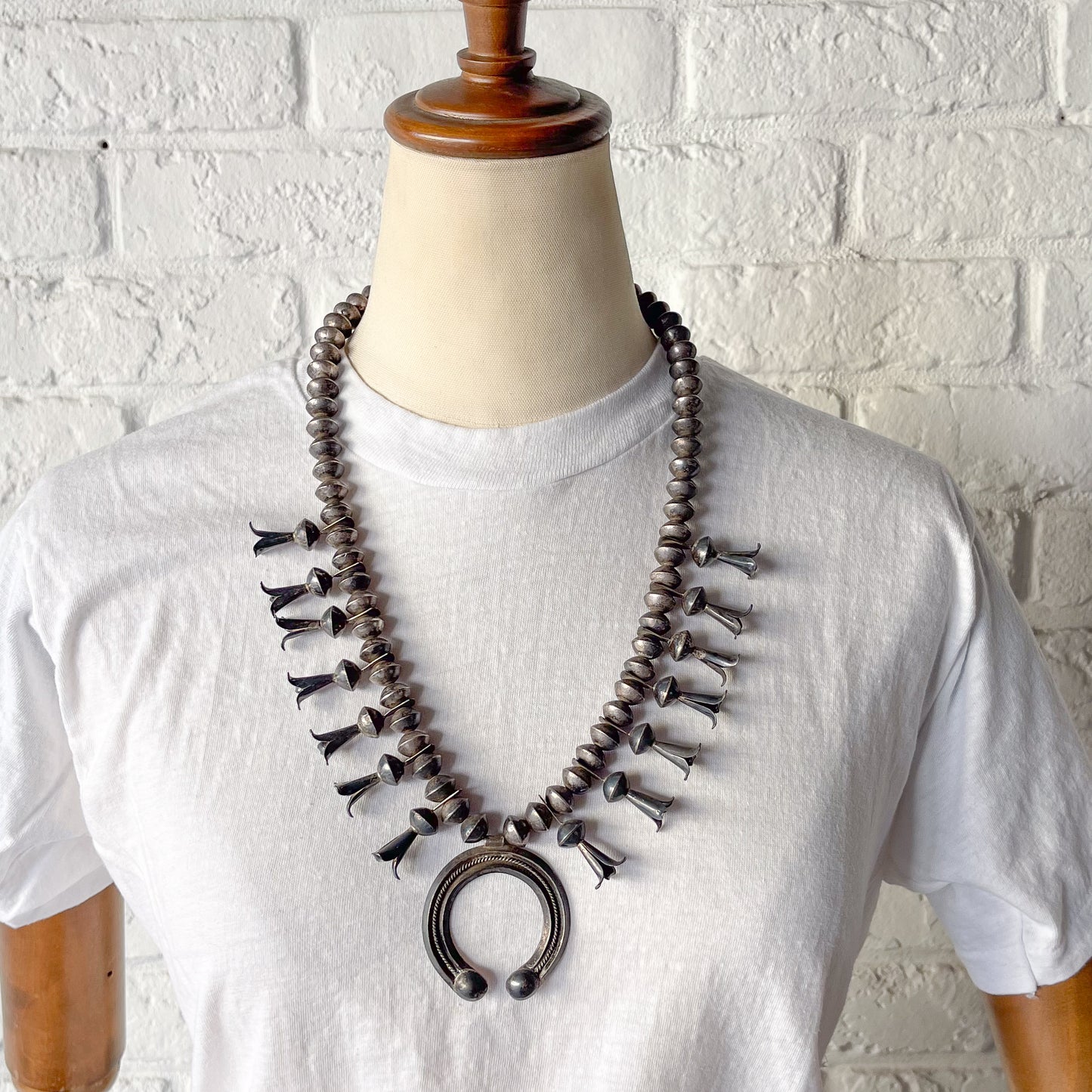 NAVAJO SILVER SQUASH BLOSSOM NAJA NECKLACE c.1940