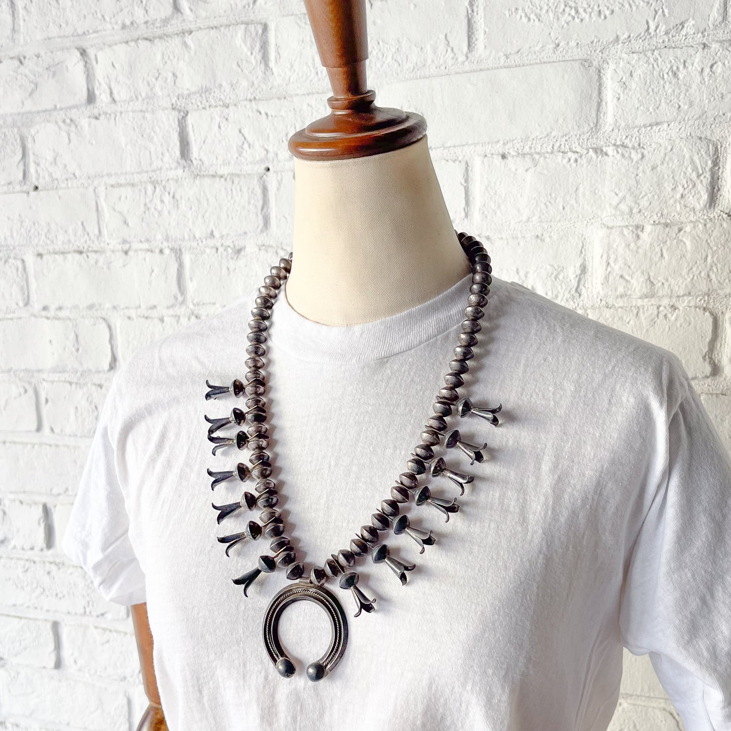 NAVAJO SILVER SQUASH BLOSSOM NAJA NECKLACE c.1940