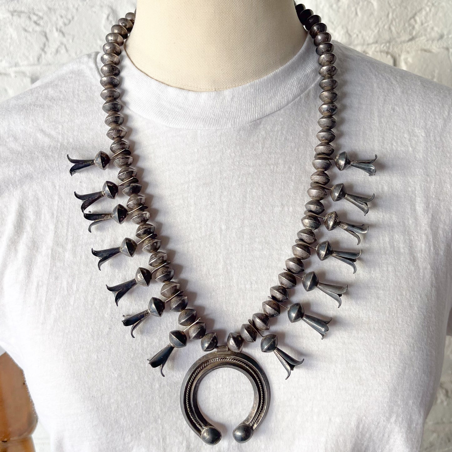 NAVAJO SILVER SQUASH BLOSSOM NAJA NECKLACE c.1940