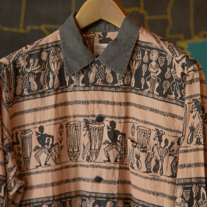 ENSENADA AFRICAN PRINT 2TON LONGSLEEVE SHIRTS 1950'S VINTAGE