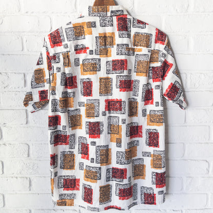 SPORTS WEAR ATOMIC/SQUIGGLE PATTERN PRINT BOX STYLE SHORT SHIRTS 50'S DEAD STOCK