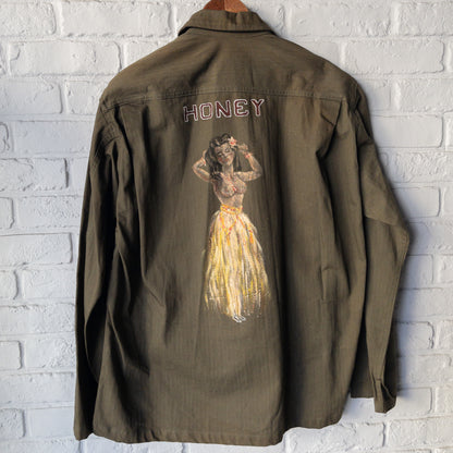 WW2 U.S.NAVY HBT UTILITY JACKET HAND DRAWING HULA GIRL DEADSTOCK