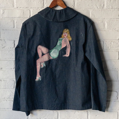 W.W.2 U.S.NAVY DUNGAREE DENIM JACKET HAND DRAWING PIN UP GIRL DEAD STOCK